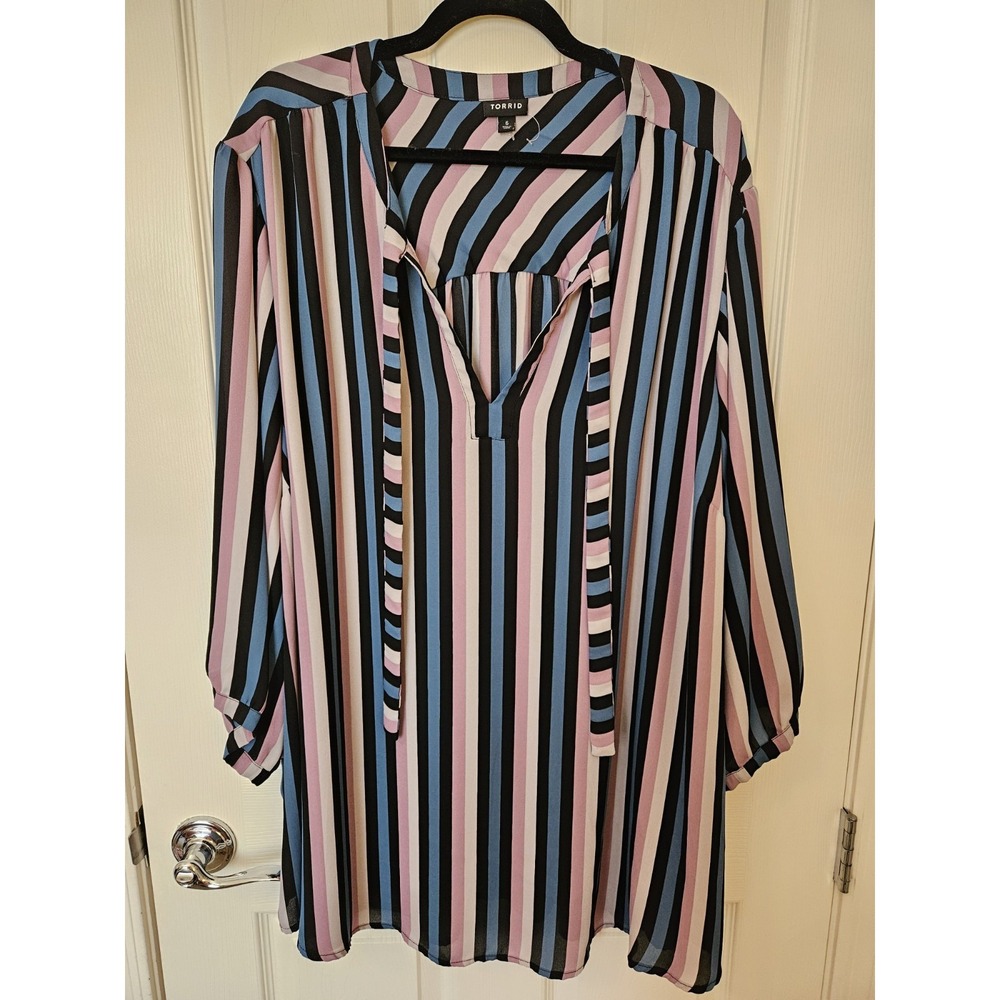 Torrid Georgette Blu/Pnk/Blk/Wht Striped 3/4 Peasant Sleeves Blouse Top, Plus 6X